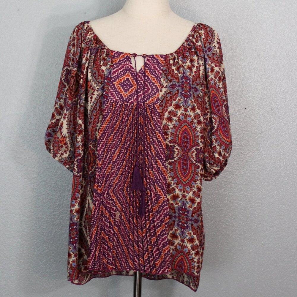 One World Boho Peasant Blouse With Tassels Size XL Live and Let Live